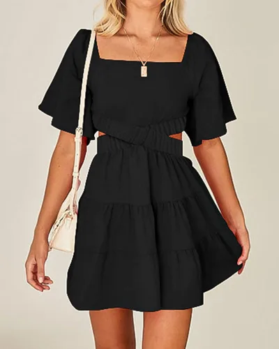 Vista 3 de BTFBM Vestidos de verano para mujer 2023, cuello cuadrado, manga corta, corte cruzado, cintura casual, fiesta, escalonado, mini vestido
