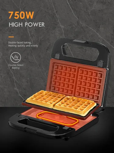 Vista 3 de Reemix Máquina 3 en 1 para Waffles, Parrilla y Sándwiches, Prensa Panini y Plancha para Waffles con Placas Antiadherentes Removibles, Perfecta