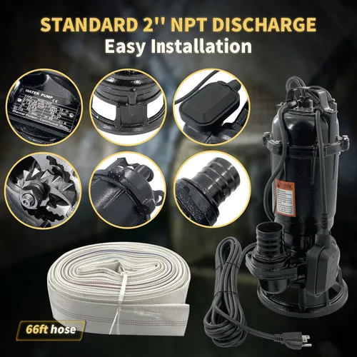 Vista 7 de Bomba sumergible de sumidero para amoladora de aguas residuales, 2HP 110V 1500W, 6498 GPH Bomba de sumidero de hierro fundido con interruptor