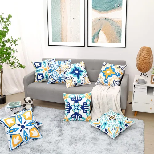 Vista 5 de Drmstow Fundas de almohada azules 18x18 juego de 4 con estampado floral azul y amarillo y estilo rústico moderno para sofá, cama, decoración