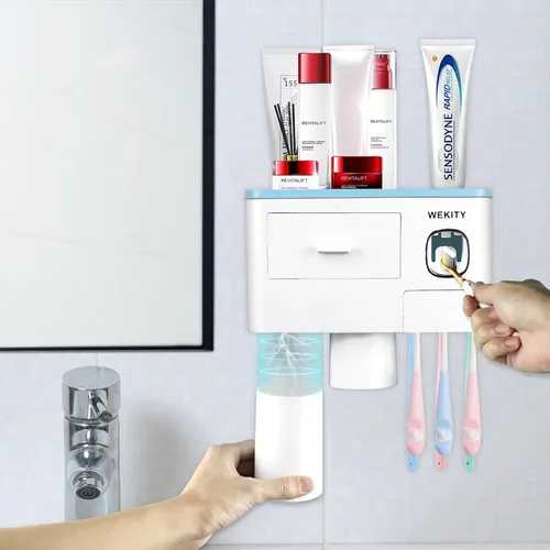 Vista 3 de Soporte multifuncional para cepillos de dientes montado en la pared, dispensador automático de pasta de dientes que ahorra espacio para cepillos