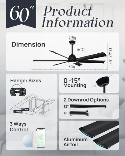 Vista 7 de Ventilador de techo con aspas de aluminio de 60 pulgadas con luz, ventilador inteligente industrial que funciona con Alexa, ventiladores de techo