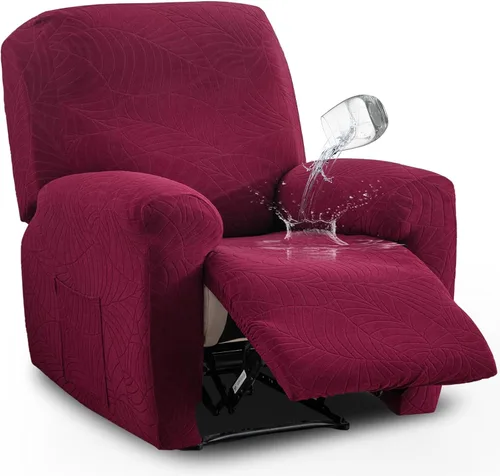 Vista 20 de vctops Funda repelente al agua para silla reclinable de 4 piezas con bolsillo lateral, diseño de hojas de jacquard, elástica, suave, protector