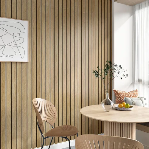 Vista 7 de Paneles de Madera Marrón 3D para Paredes 120" x 12" Paneles de Pared de Listones Acústicos Despegar y Pegar Paneles de Madera Autoadhesivos