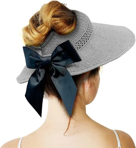 Vista 13 de Visera solar de paja para mujer, ala ancha, protección UPF 50+, sombrero de playa, ajustable, plegable, gorra de cola de caballo con correa