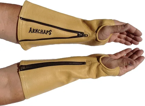 Vista 9 de Arm Chaps Mangas Protectoras de Cuero Guardabrazos - Previene Cortes, Arañazos y Moretones - Ideal para Jardinería y Construcción., Negro