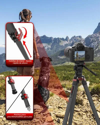 Vista 6 de IFOOTAGE Gazelle - Trípode de viaje TA3B con cabezal de fluido Komodo K3,62/62.0 in Kit de trípode de aleación de aluminio para cámara, teléfono
