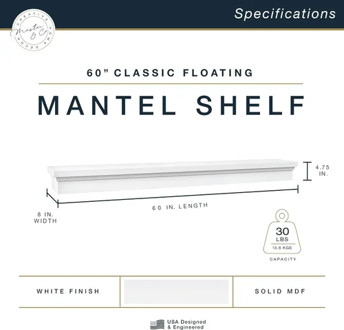 Vista 2 de MCS Repisa de 60 pulgadas, Master & Co Repisa de chimenea flotante de madera maciza con acabado blanco, estante flotante largo para sala de estar