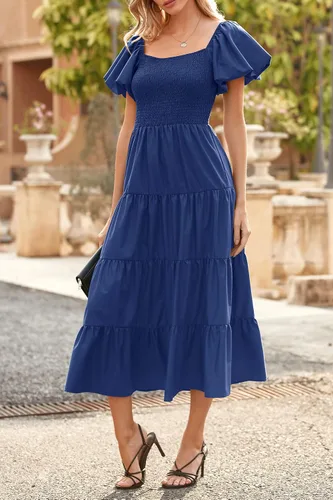 Vista 8 de CFLONGE Vestido de playa para mujer, estilo bohemio, casual, de verano, 2023, cuello cuadrado, manga abombada, cintura alta, volantes, acampanado