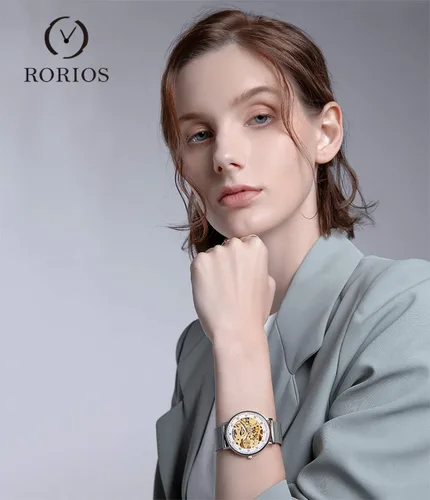 Vista 2 de RORIOS Reloj mecánico automático de las mujeres Auto-Winding Esqueleto Dial Correa de acero inoxidable Señoras Relojes de pulsera