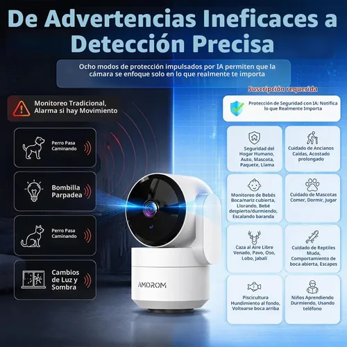 Vista 7 de AMOROM Cámara de seguridad para interiores 360° con panorámica/inclinación, monitor para mascotas, perros y bebés, visión nocturna HD 1080P