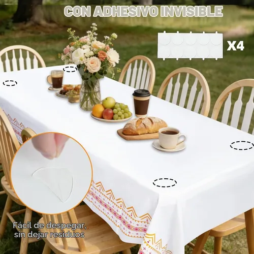 Vista 5 de Paquete de 10 manteles de plástico blanco, 108 x 54 pulgadas, manteles rectangulares desechables bohemios para bodas, pícnics y fiestas