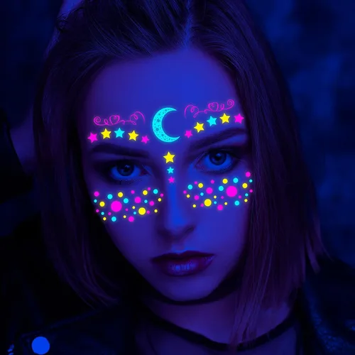 Vista 4 de Tatuajes faciales de neón que brillan en la oscuridad, tatuajes temporales con luz negra UV, calcomanías para cuerpo, cara, flores, tatuaje