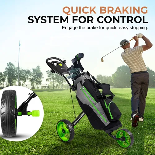 Vista 6 de JOVIAL Foldable 3 Wheel Junior Golf Push Cart, Lightweight Aluminum Pull Cart with Deluxe Scorecard Holder, Adjustable Handle, Quick Brake System