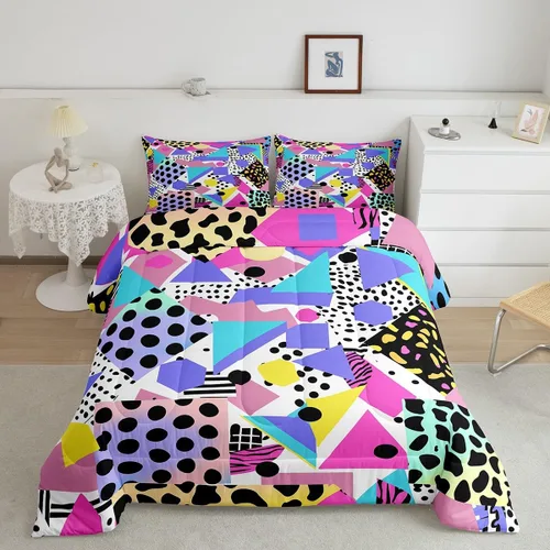 Vista 33 de Juego de edredón de estilo retro de los años 80, juego de ropa de cama de patrón geométrico abstracto, diseño urbano moderno con círculos