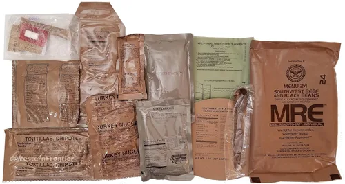Vista 7 de MRE 2018, cajas de comida lista para comer MRE, conjunto de cajas A y B, 24 comidas con la fecha de inspección de 2018. Excedente de comida militar