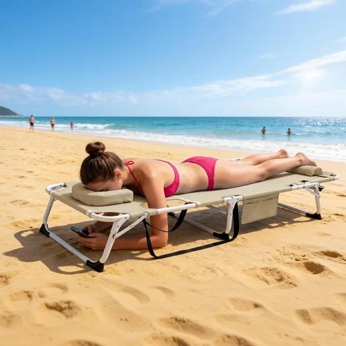 Vista 2 de ABORON - Silla de bronceado 3 en 1 extragrande con tapete y reposabrazos, tumbonas plegables resistentes, 5 posiciones para exteriores, para playa