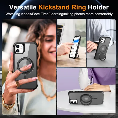 Vista 4 de Funda para iPhone 11 con soporte de anillo magnético giratorio de 360° [compatible con Mag-Safe] [Protección de grado militar] Funda translúcida
