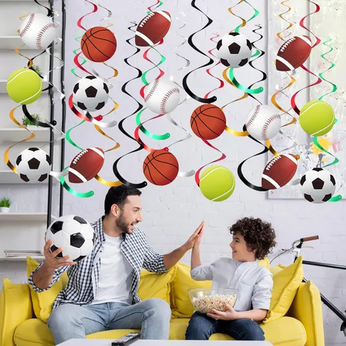 Vista 4 de Dianelhall 30 juegos de decoraciones de remolinos colgantes para fiestas deportivas, baloncesto, fútbol, béisbol, tenis, serpentinas de techo