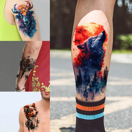 Vista 3 de GLARYYEARS - Tatuajes temporales para hombre, diseños realistas de animales en 3D 24 large waterproof fake tattoos. Painless 15-sec application
