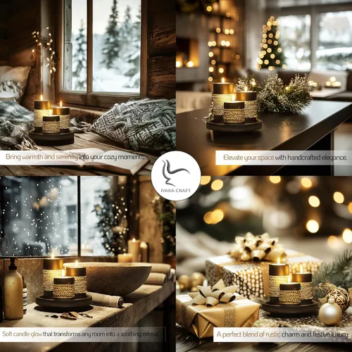 Vista 5 de IYARA CRAFT Portavelas Tealight con bandeja, juego de 3 portavelas de madera rústica negra con acento de cuerda natural, acogedor centro de mesa