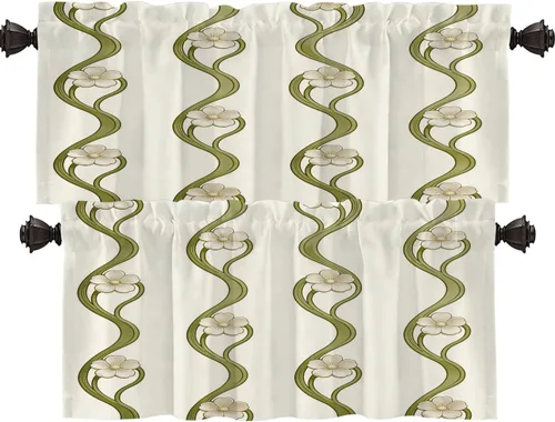 Vista 16 de Shrahala Art Nouveau Floral Pattern Blackout Curtain Tiers, Delicate Vine and Flower Design Kitchen Valance Light Blocking Tier Drapes with Rod