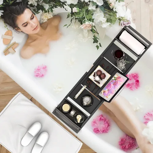 Vista 3 de Bandeja de baño para tina, bandeja organizadora ajustable de bambú con jabonera, ideal para spa de lujo o lectura (negro)