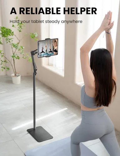 Vista 4 de Soporte de piso para tableta, soporte de metal giratorio de 360 grados, soporte para iPad de altura y ángulo ajustables, soporte universal