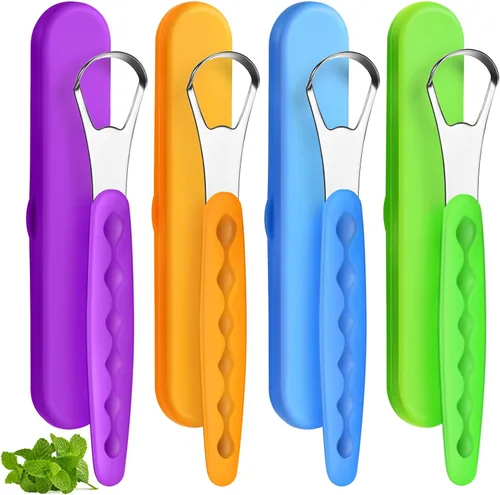 Vista 9 de 4 piezas de limpiador de lengua para adultos y niños, cepillo de lengua de acero inoxidable, raspador de metal, reduce el mal aliento con fundas