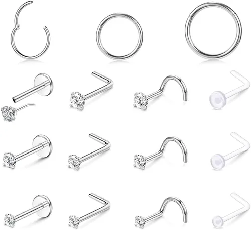 Vista 21 de Nose Rings Hoop and Nose Studs Sets for Women Men,Hypoallergenic 316L Surgical Stainless Steel Hinged Clicker Segment Nose Rings Hoop Helix
