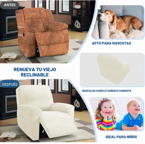 Vista 5 de MAXIJIN Funda reclinable de terciopelo de 4 piezas, funda elástica de felpa suave para silla reclinable, gruesa y suave, funda para silla Beige