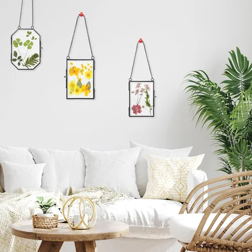 Vista 6 de Bucherry Marco de vidrio para bricolaje, arte de flores prensadas, marco de fotos colgante de latón con cadena y 6 estilos de flores prensadas