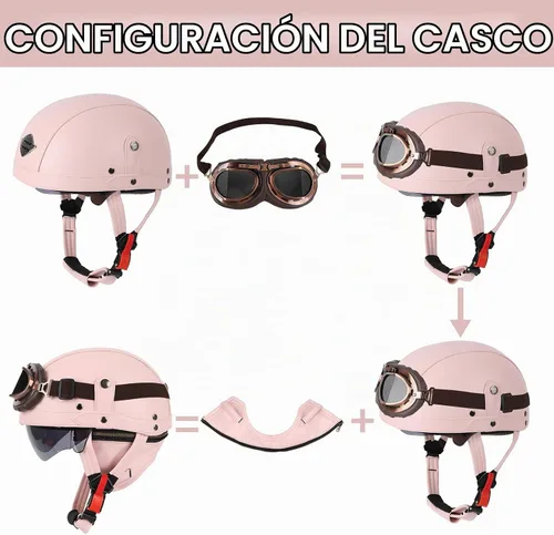 Vista 5 de Casco de motocicleta rosa, medio casco de cuero estilo alemán, casco de motocicleta para mujer con certificación DOT, casco de media cara con gafas