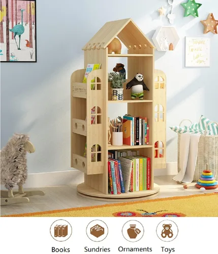 Vista 4 de Heehee Estantería giratoria de 360 grados, estantería de pie para niños, estante organizador de madera para niños, estante organizador de libros