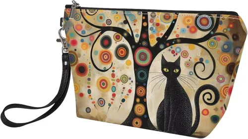 Vista 5 de Howilath Abstract Art Cat Cosmetic Pouch for Women PU Leather Toiletry Storage Bag Trapezoid Makeup Bags with Wrist Strap