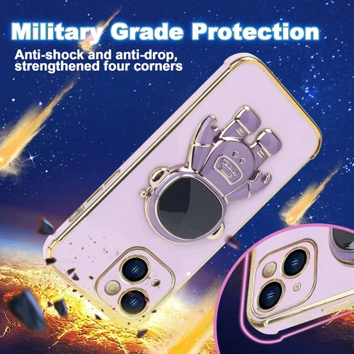 Vista 3 de Omio - Funda compatible con iPhone 15 Plus con soporte oculto de astronauta, funda de lujo chapado en corazón con borde lateral, pequeño