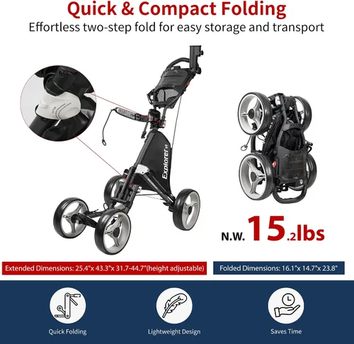 Vista 5 de Caddytek Carrito de golf Explorer V8 - Carrito plegable SuperLite de 4 ruedas de aluminio con ancho ajustable de rueda delantera, freno de pie Gris