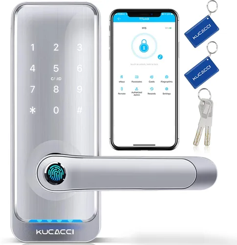 Vista 9 de Cerradura inteligente de puerta con manija: KUCACCI - Cerradura de puerta digital sin llave para puerta delantera - Teclado de huellas dactilares