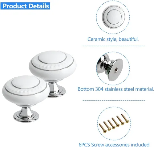 Vista 3 de Pomos de cerámica blanca para gabinetes de cocina, paquete de 12 pomos redondos vintage para cajones de aparador, pomos con tornillos para armario