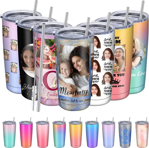 Vista 14 de Regalos para el Día de la Madre, vaso personalizado con foto de mamá, vasos delgados con tapa de nombre y pajita, 20 onzas, taza de café de viaje