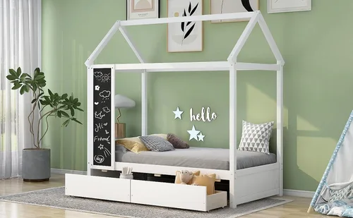 Vista 18 de RUNNA Marco de cama de madera de tamaño matrimonial con valla, para niños, adolescentes, niñas, niños, (Natural-Thinck 4col)