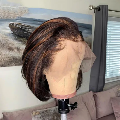 Vista 15 de Pelucas de cabello humano con reflejos #1B/27, mezcla de rubios, color natural, con abuelitos, invisible HD, 13x4, encaje frontal, pelucas
