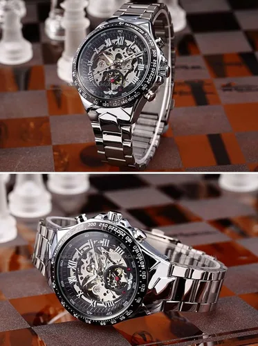 Vista 2 de Fanmis Reloj automático de acero inoxidable con esfera analógica de esqueleto ruso para hombre, Negro -, Classic
