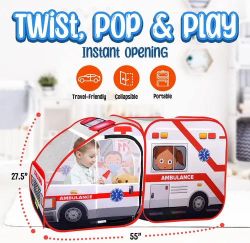 Vista 4 de Tienda de campaña desplegable de ambulancia para niños con sonidos, kit de médico y pozo de pelotas para niños pequeños y mayores, juguete
