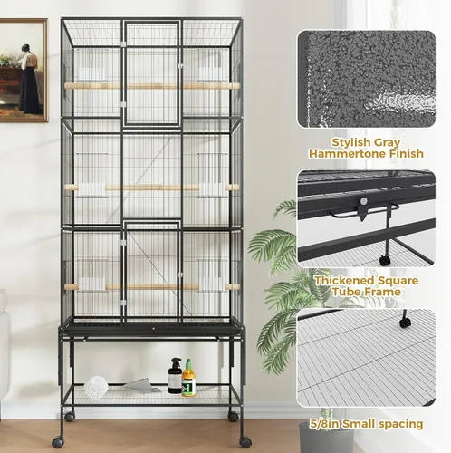 Vista 5 de GAOMON Jaula grande para pájaros – Jaula de metal para loros de 69 pulgadas con soportes de almacenamiento rodantes, pajarero ancho con bandeja
