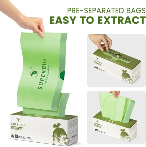 Vista 2 de SUPERBIO Bolsa de Basura de Cocina Compostable con Cordón de 13 Galones, 49.2 Litros, 30 Unidades, 1 Mil, Bolsas Resistentes para Desechos
