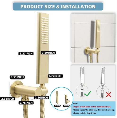 Vista 5 de Cabezal de ducha de mano de latón macizo, diseño de arco, varita de ducha de mano dorada cepillada de alta presión con conector de pared de codo