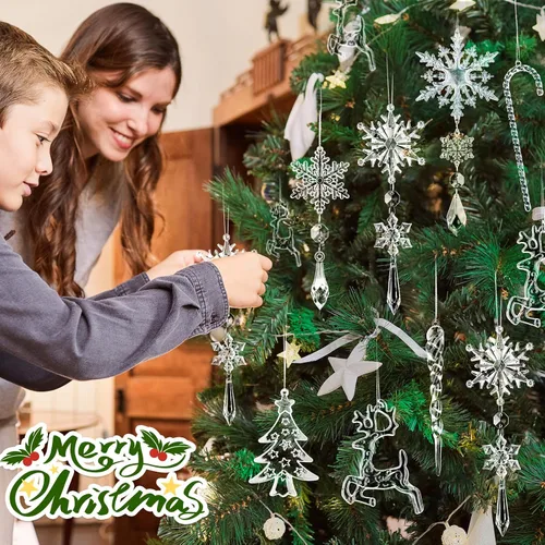 Vista 2 de Eygeufg 18 adornos colgantes de cristal acrílico con forma de copo de nieve y carámbanos, decoraciones tradicionales blancas de Navidad