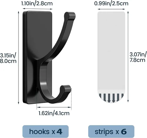 Vista 4 de pickpiff Ganchos adhesivos de pared con tira, sin residuos, fáciles de quitar, gancho para toallas pegajoso fuerte y resistente, paquete de 4 Negro