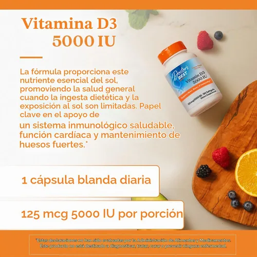 Vista 5 de Doctor's Best Vitamina D3 5000UI, sin OGM, sin gluten y soja, regula la función inmunitaria, favorece huesos saludables, blanco, sin sabor, 180